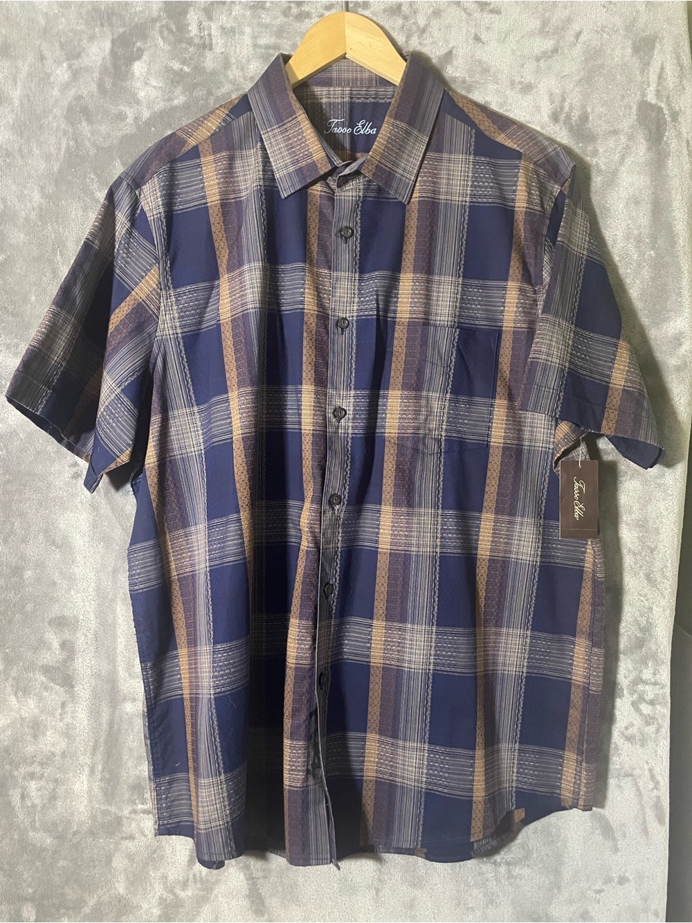 Tasso Elba Navy and Brown Plaid Short-Sleeve Button-Down Shirt